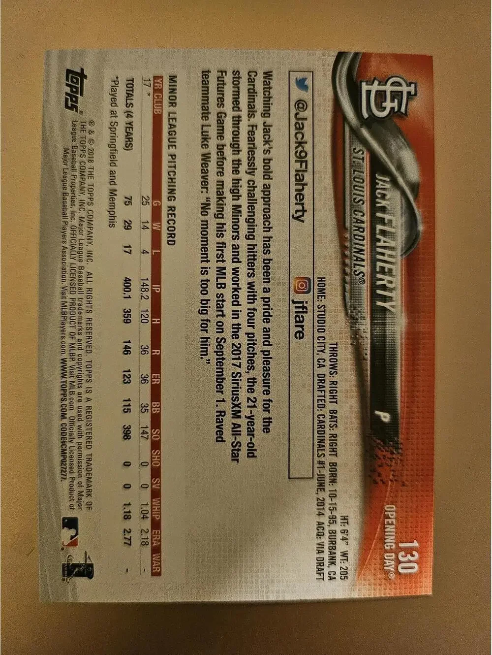 2018 Topps Opening Day Foil #130 Jack Flaherty - Rookie Card (RC) - RAW Mint - Picture 2 of 2